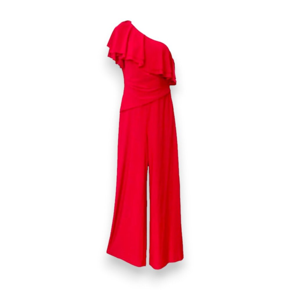 Ralph Lauren Ruffled Hem Red Cold Shoulder Wide Leg Jumpsuit. Size 8